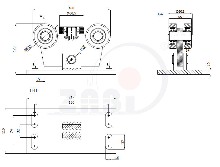 Wózki i akcesoria do bram, Wózki do bram przesuwnych, Do profili 70x70 ścianka 4mm o symbolu W-5T-70