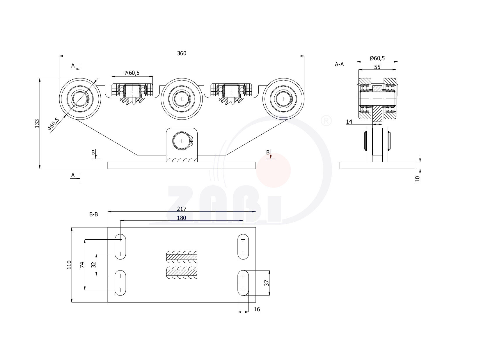 Ролики для откатных ворот, Каретки для откатных воро, Для профиля 70х70 стенка 4мм с обозначением W-8M-70