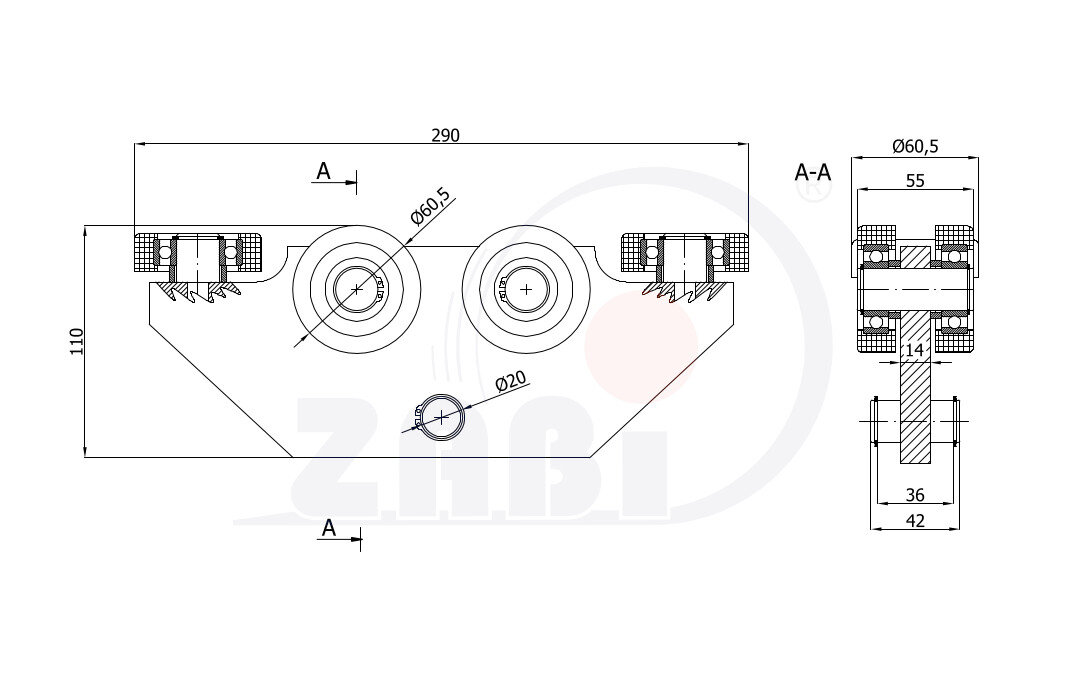 Wózki i akcesoria do bram, Wózki do bram przesuwnych, Do profili 70x70 ścianka 4mm o symbolu WG-6MM-70