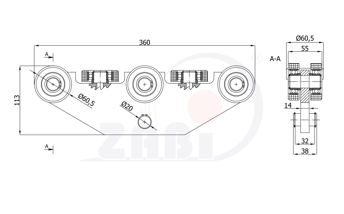 Wózki i akcesoria do bram, Wózki do bram przesuwnych, Do profili 70x70 ścianka 4mm o symbolu WG-8MM-70