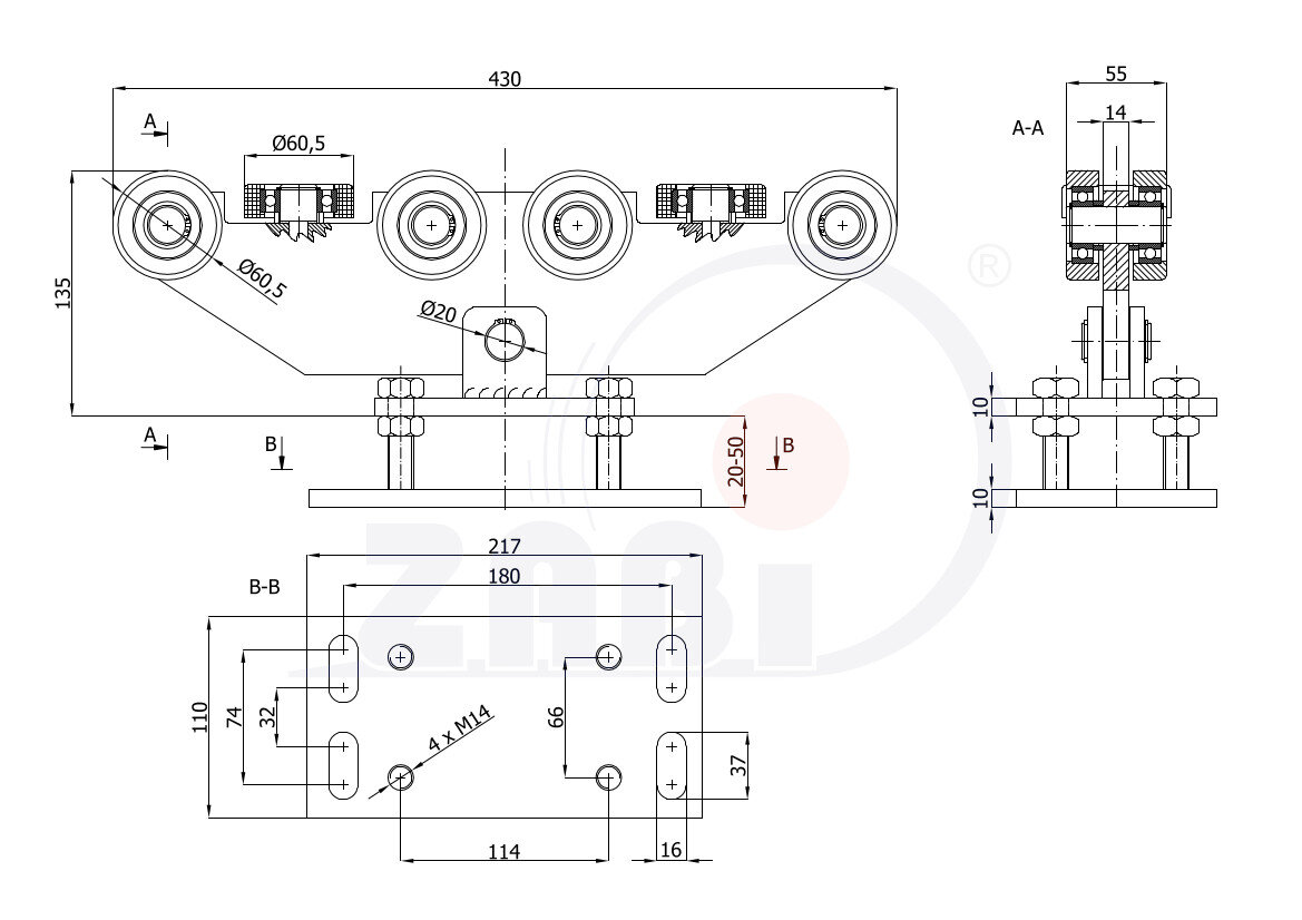 Ролики для откатных ворот, Каретки для откатных воро, Для профиля 70х70 стенка 4мм с обозначением WR-10MM-70