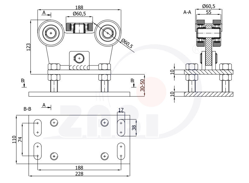 Ролики для откатных ворот, Каретки для откатных воро, Для профиля 70х70 стенка 4мм с обозначением WR-5MM-70