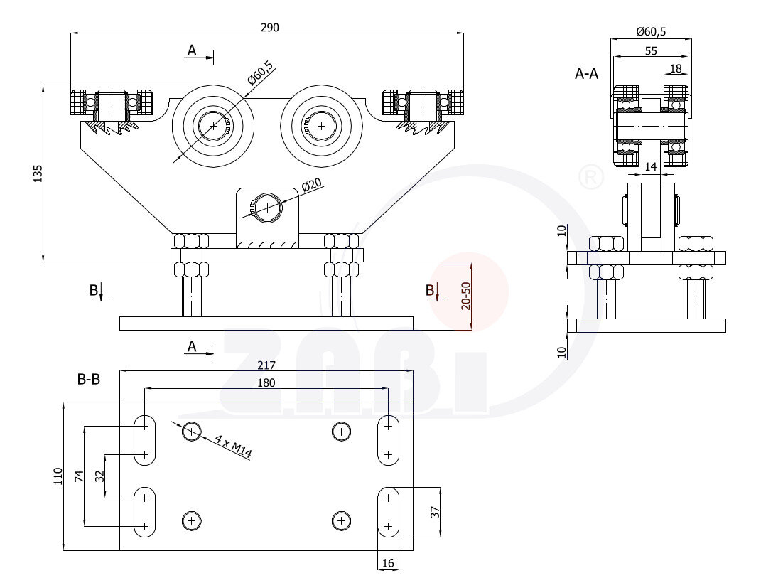 Wózki i akcesoria do bram, Wózki do bram przesuwnych, Do profili 70x70 ścianka 4mm o symbolu WR-6M-70