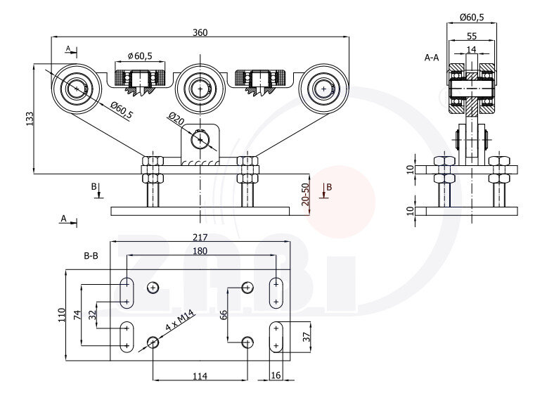 Wózki i akcesoria do bram, Wózki do bram przesuwnych, Do profili 70x70 ścianka 4mm o symbolu WR-8T-70