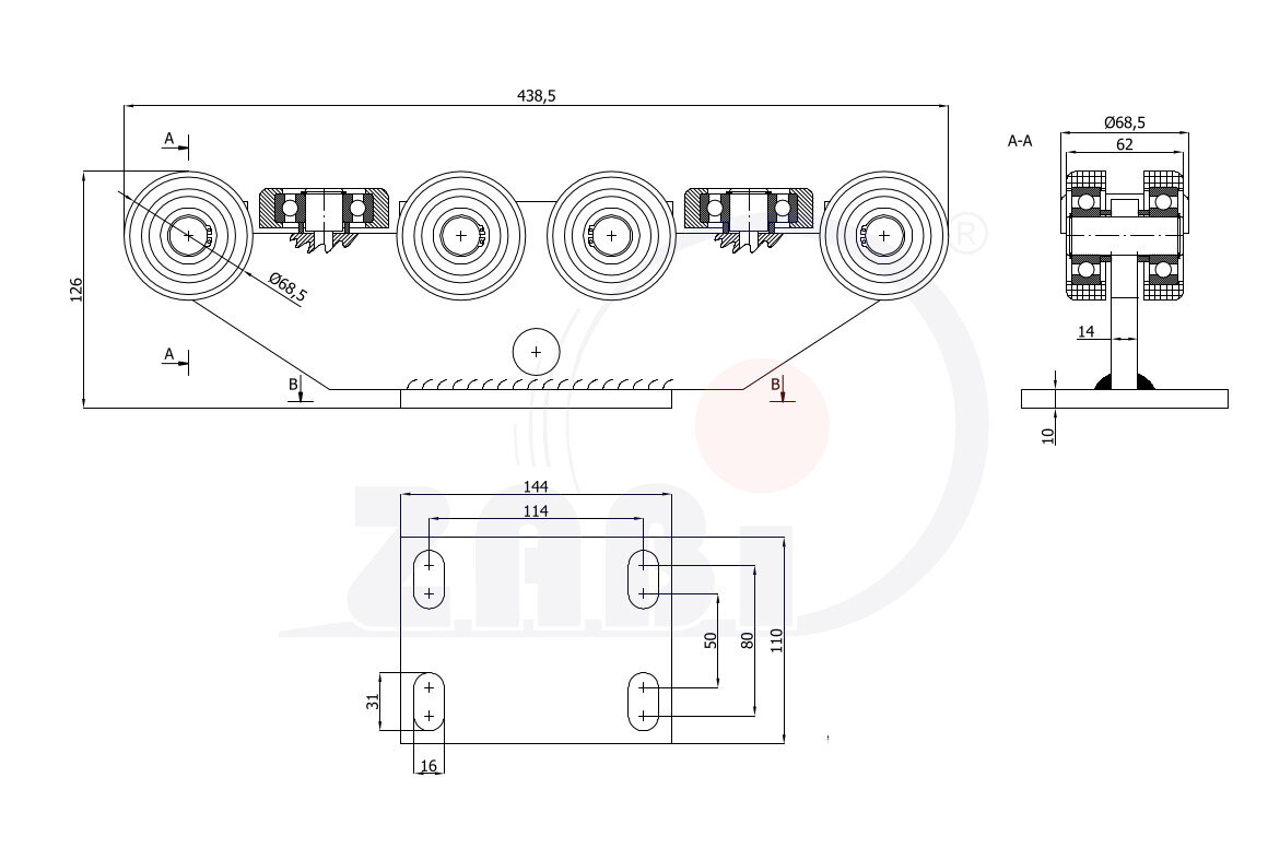 Ролики для откатных ворот, Каретки для откатных воро, Для профиля 80х80 стенка 5мм с обозначением 10T-80