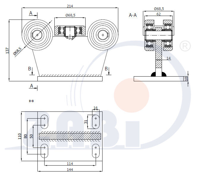 Ролики для откатных ворот, Каретки для откатных воро, Для профиля 80х80 стенка 5мм с обозначением 5MM-80