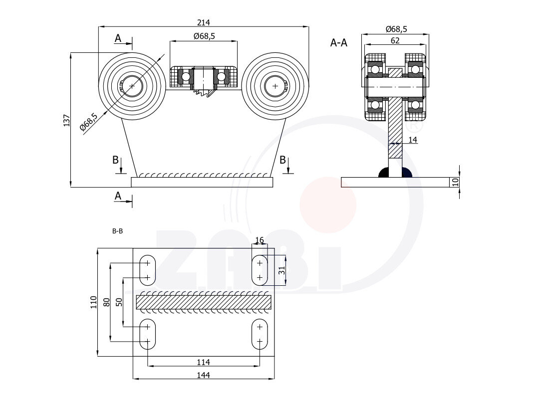 Ролики для откатных ворот, Каретки для откатных воро, Для профиля 80х80 стенка 5мм с обозначением 5T-80