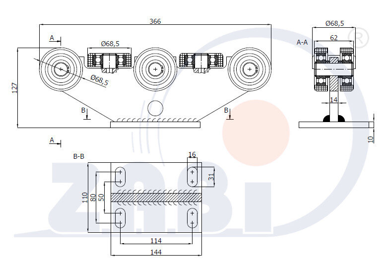Ролики для откатных ворот, Каретки для откатных воро, Для профиля 80х80 стенка 5мм с обозначением 8T-80