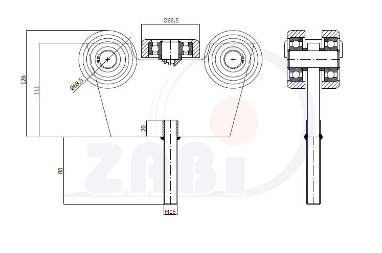 Wózki i akcesoria do bram, Wózki do bram przesuwnych, Do profili 80x80 ścianka 5mm o symbolu G-5T-80/M16