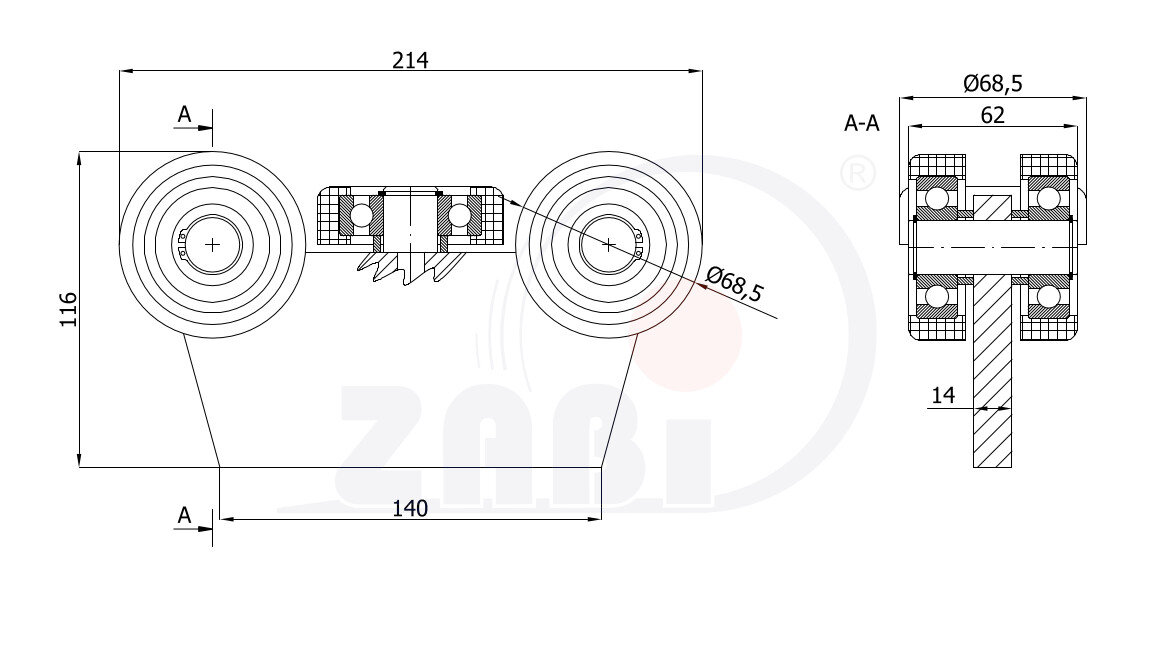Wózki i akcesoria do bram, Wózki do bram przesuwnych, Do profili 80x80 ścianka 5mm o symbolu G-5M-80