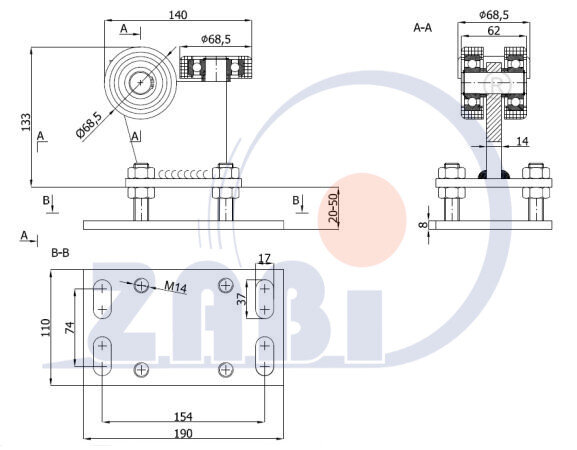 Wózki i akcesoria do bram, Wózki do bram przesuwnych, Do profili 80x80 ścianka 5mm o symbolu R-3T-80M