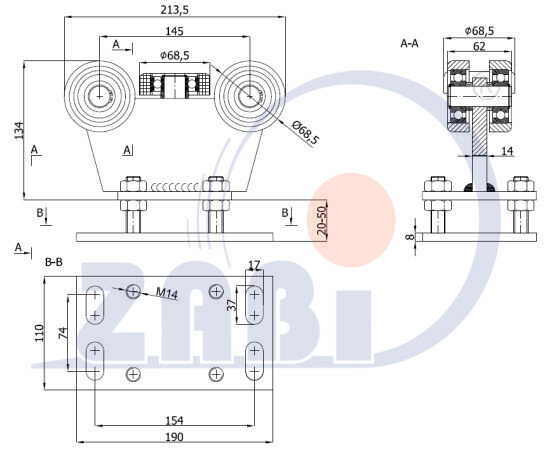 Wózki i akcesoria do bram, Wózki do bram przesuwnych, Do profili 80x80 ścianka 5mm o symbolu R-5M-80M