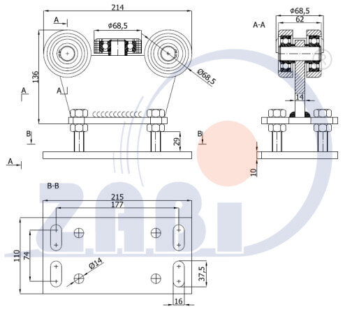 Wózki i akcesoria do bram, Wózki do bram przesuwnych, Do profili 80x80 ścianka 5mm o symbolu R-5M-80