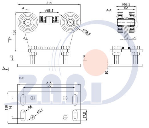 Wózki i akcesoria do bram, Wózki do bram przesuwnych, Do profili 80x80 ścianka 5mm o symbolu R-5T-80
