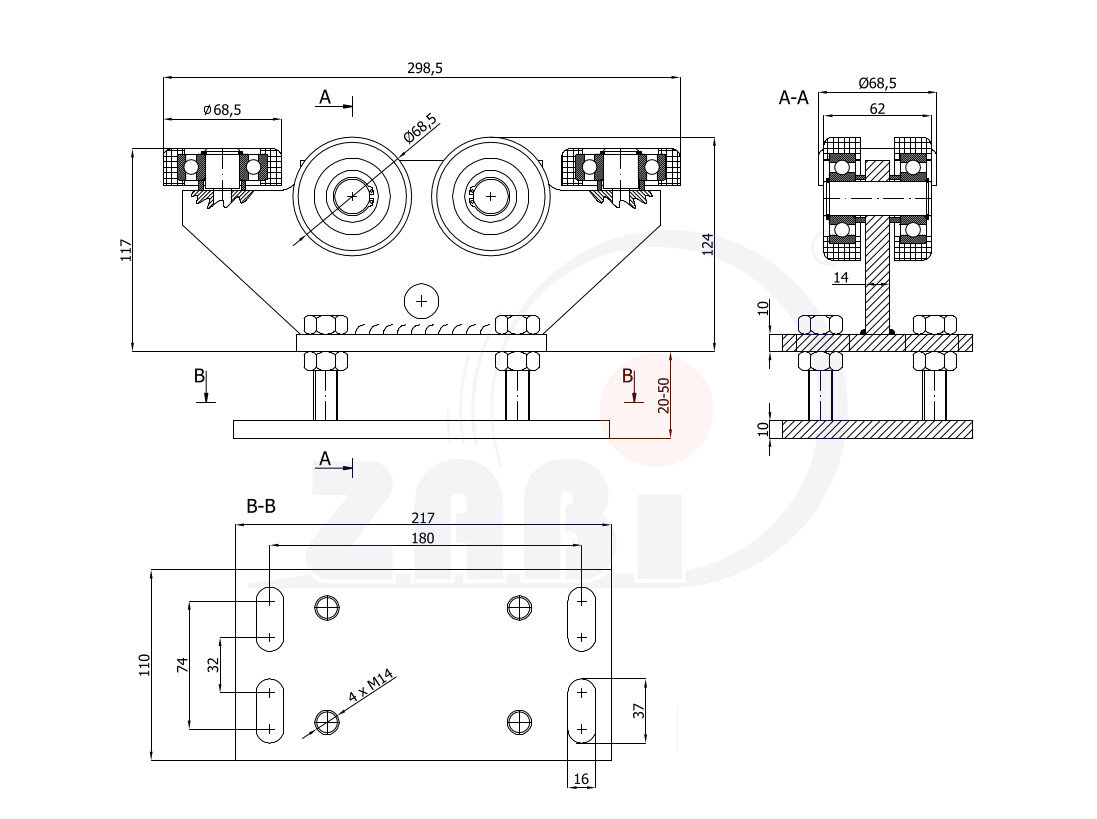 Wózki i akcesoria do bram, Wózki do bram przesuwnych, Do profili 80x80 ścianka 5mm o symbolu R-6T-80