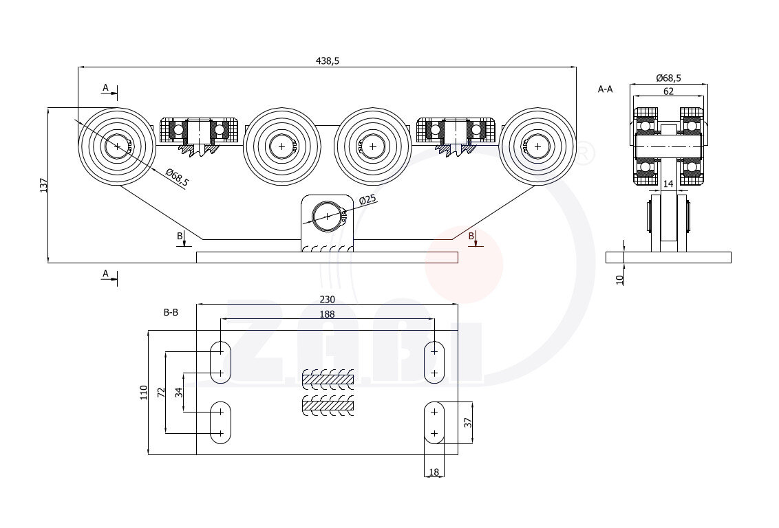 Wózki i akcesoria do bram, Wózki do bram przesuwnych, Do profili 80x80 ścianka 5mm o symbolu W-10MM-80