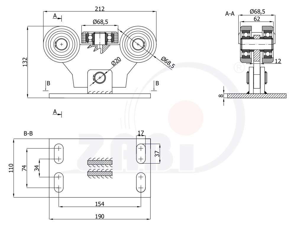 Wózki i akcesoria do bram, Wózki do bram przesuwnych, Do profili 80x80 ścianka 5mm o symbolu W-5T-80M