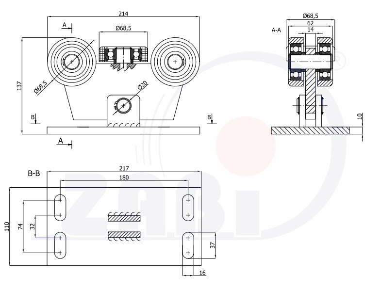 Wózki i akcesoria do bram, Wózki do bram przesuwnych, Do profili 80x80 ścianka 5mm o symbolu W-5MM-80