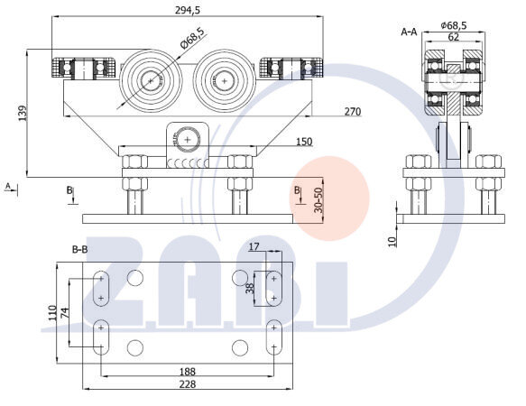 Wózki i akcesoria do bram, Wózki do bram przesuwnych, Do profili 80x80 ścianka 5mm o symbolu W-6MM-80