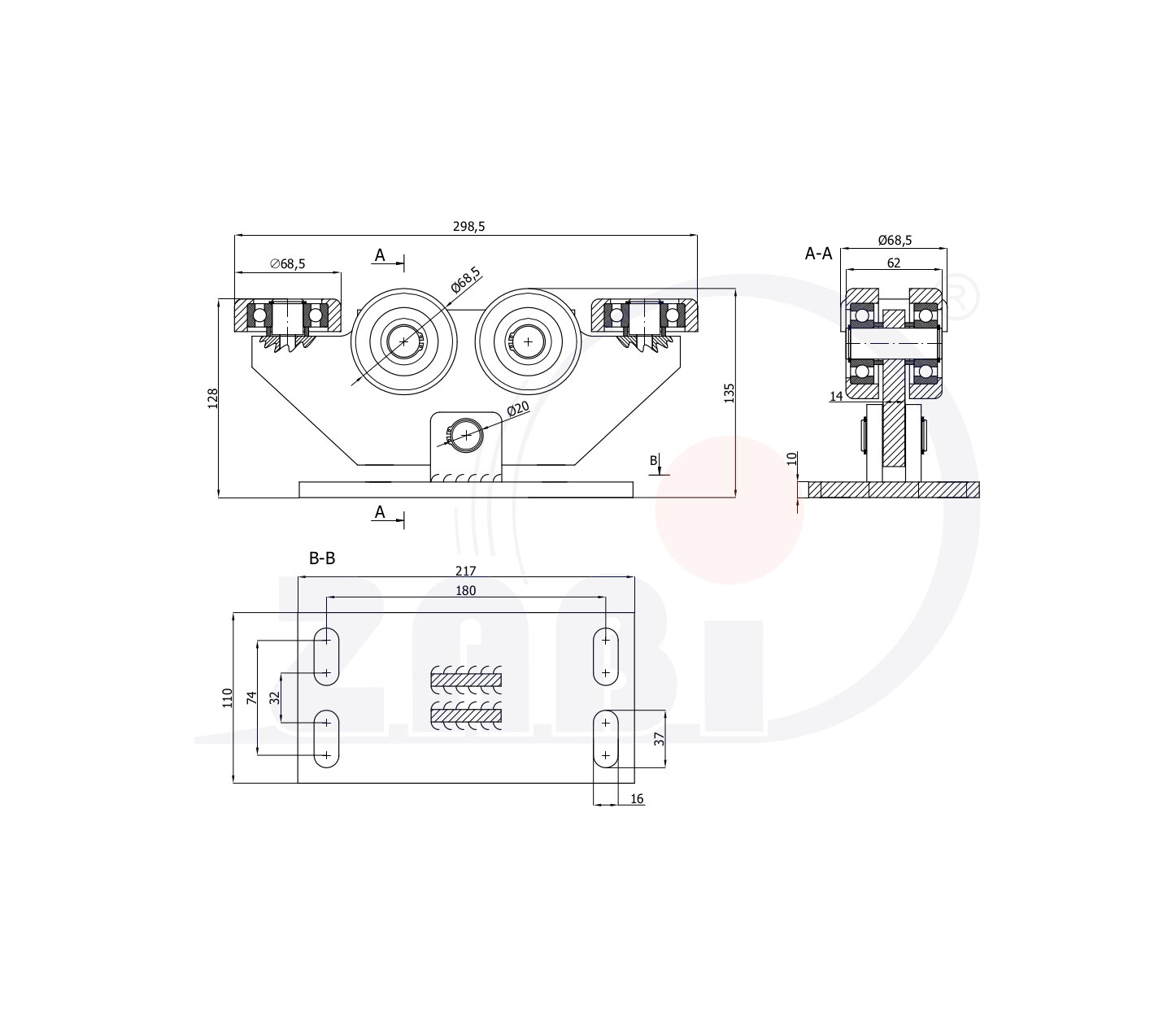 Laufwagen und Zubehör für Schiebetore und Selbsttragendes, Rollwagen für Tore, Für profile 80x80 dicke 5mm mit dem Symbol W-6MM-80