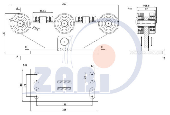 Wózki i akcesoria do bram, Wózki do bram przesuwnych, Do profili 80x80 ścianka 5mm o symbolu W-8T-80