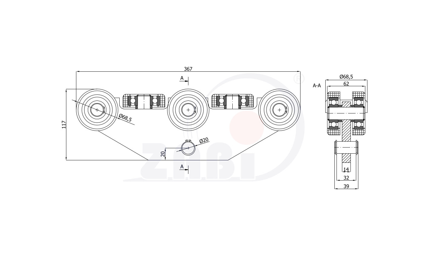 Wózki i akcesoria do bram, Wózki do bram przesuwnych, Do profili 80x80 ścianka 5mm o symbolu WG-8T-80