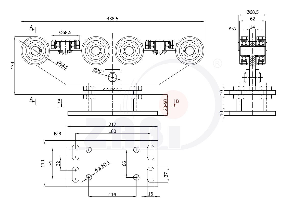 Laufwagen und Zubehör für Schiebetore und Selbsttragendes, Rollwagen für Tore, Für profile 80x80 dicke 5mm mit dem Symbol WR-10T-80