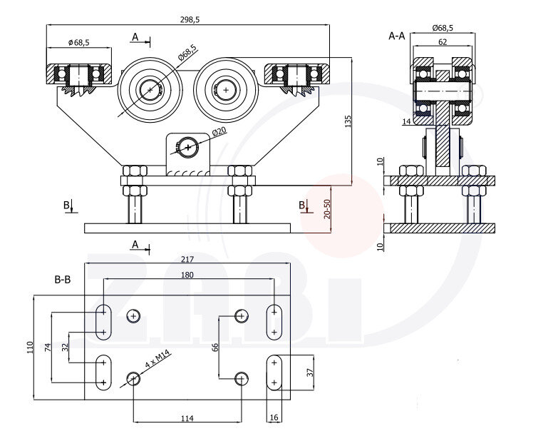 Wózki i akcesoria do bram, Wózki do bram przesuwnych, Do profili 80x80 ścianka 5mm o symbolu WR-6MM-80