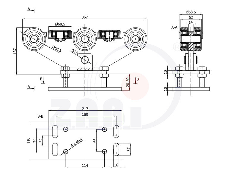 Laufwagen und Zubehör für Schiebetore und Selbsttragendes, Rollwagen für Tore, Für profile 80x80 dicke 5mm mit dem Symbol WR-8T-80