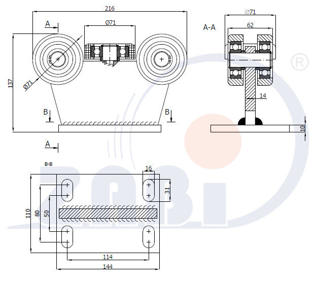 Ролики для откатных ворот, Каретки для откатных воро, Для профиля 80х80 стенка 4мм с обозначением 5M-80/4