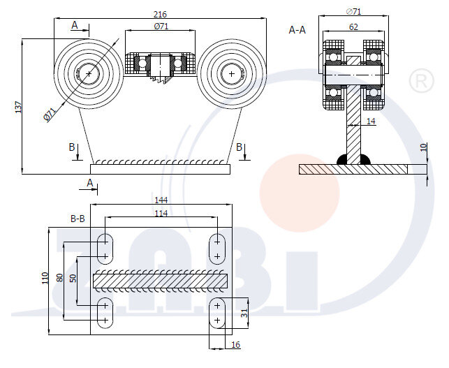 Ролики для откатных ворот, Каретки для откатных воро, Для профиля 80х80 стенка 4мм с обозначением 5T-80/4