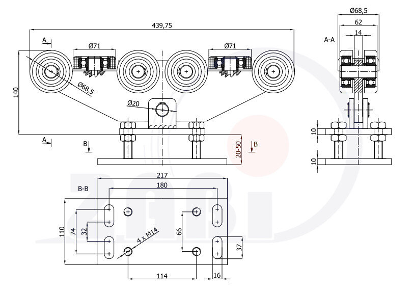 Wózki i akcesoria do bram, Wózki do bram przesuwnych, Do profili 80x80 ścianka 4mm o symbolu WR-10M-80/4