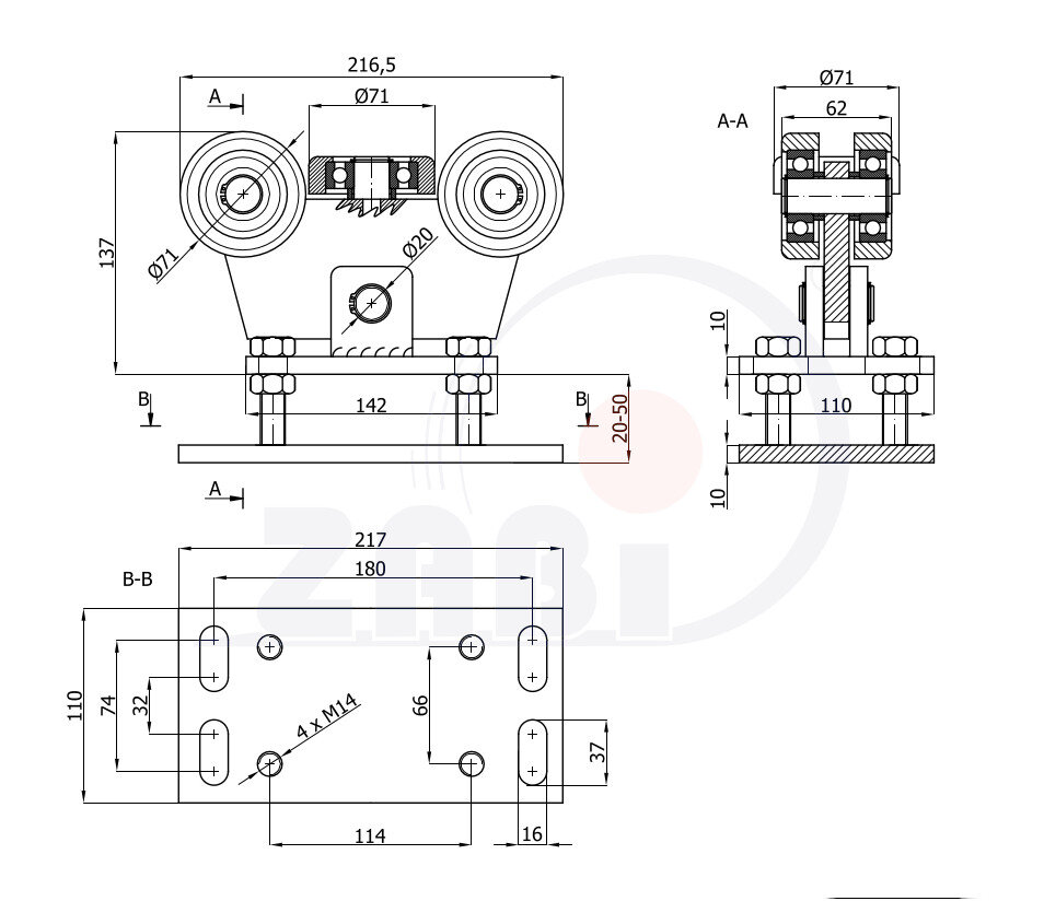 Wózki i akcesoria do bram, Wózki do bram przesuwnych, Do profili 80x80 ścianka 4mm o symbolu WR-5T-80/4