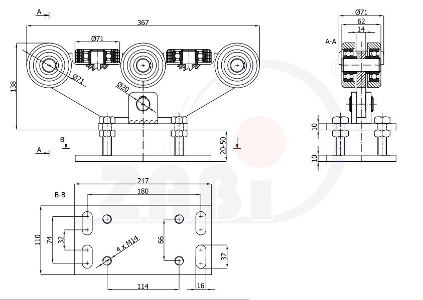 Wózki i akcesoria do bram, Wózki do bram przesuwnych, Do profili 80x80 ścianka 4mm o symbolu WR-8T-80/4
