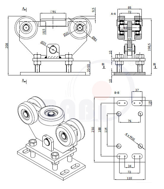 Ролики для откатных ворот, Каретки для откатных воро, Для профиля 90х100 стенка 4мм с обозначением WR-5M-90/100