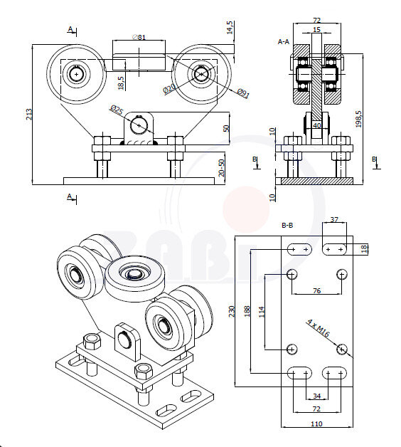 Ролики для откатных ворот, Каретки для откатных воро, Для профиля 100х90 стенка 4мм с обозначением WR-5MM-100/90