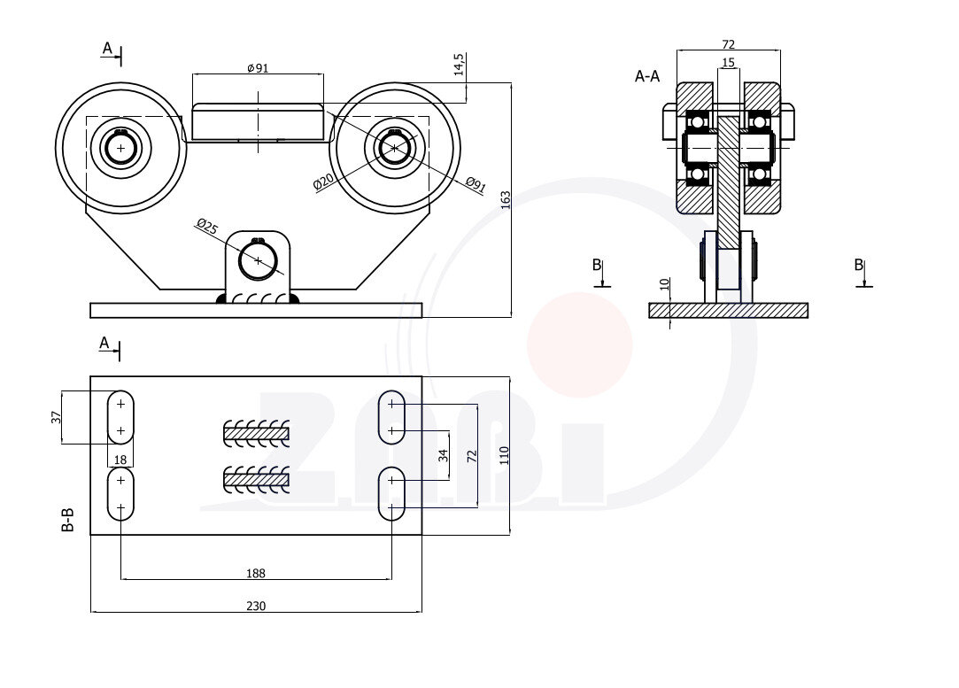 Ролики для откатных ворот, Каретки для откатных воро, Для профиля 100х100 стенка 4мм с обозначением W-5M-100