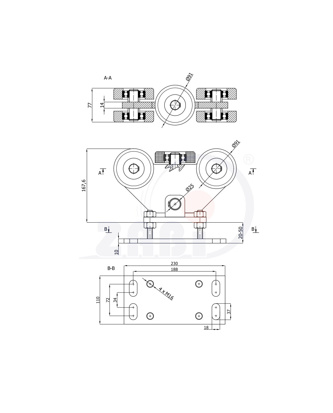 Ролики для откатных ворот, Каретки для откатных воро, Для профиля 100х100 стенка 4мм с обозначением WR-5M-100