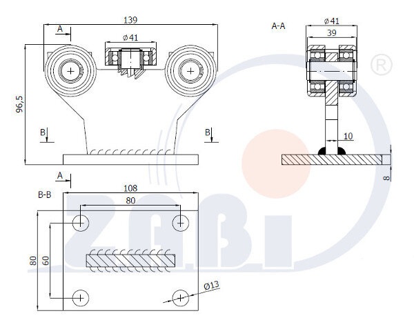 Wózki i akcesoria do bram, Wózki odporne na wysoką temperaturę do 180°C, Do profili 50x50 ścianka 2,5mm o symbolu 5MM-50E