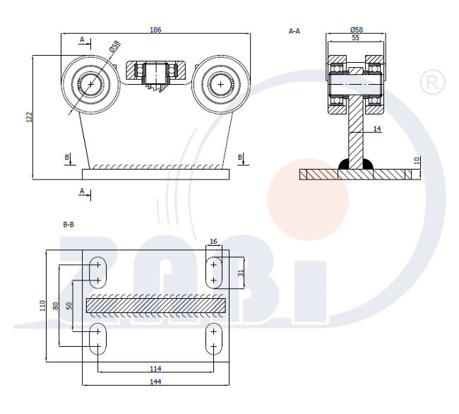 Wózki i akcesoria do bram, Wózki odporne na wysoką temperaturę do 180°C, Do profili 70x70 ścianka 4mm o symbolu 5MM-70E