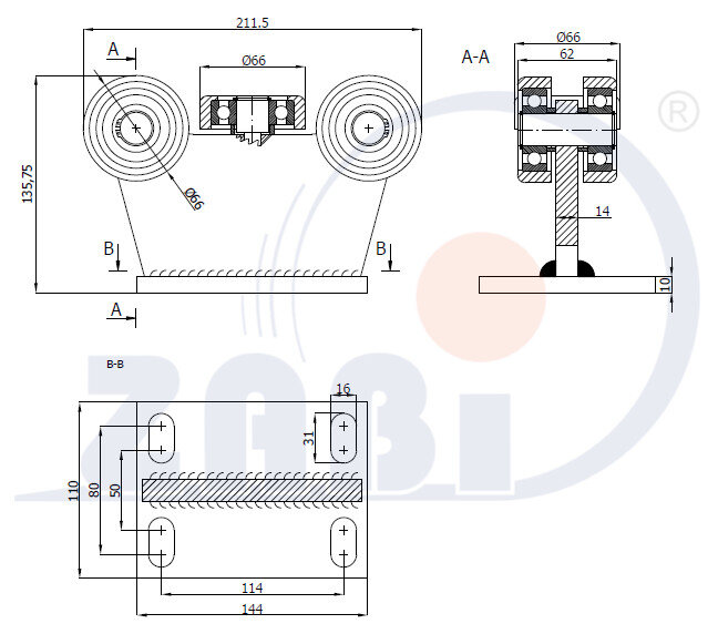 Wózki i akcesoria do bram, Wózki odporne na wysoką temperaturę do 180°C, Do profili 80x80 ścianka 5mm o symbolu 5MM-80E