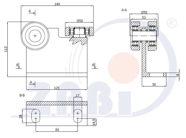Wózki i akcesoria do bram, Wózki odporne na wysoką temperaturę do 180°C, Do profili 70x70 ścianka 4mm o symbolu P-3M-70E
