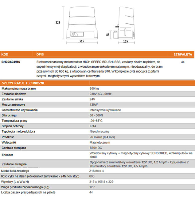 , Napędy do bram, Automaty do bram przesuwnych o symbolu KIT BH30/610/HS/F