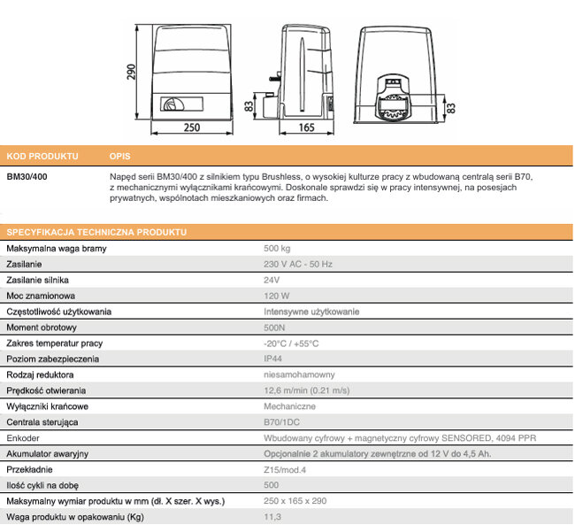 , Napędy do bram, Automaty do bram przesuwnych o symbolu KIT BM30/400/F