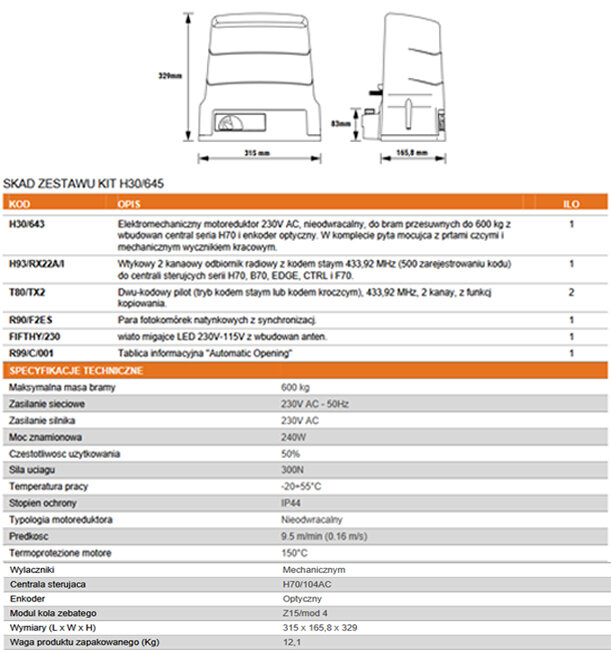 , Napędy do bram, Automaty do bram przesuwnych o symbolu KIT H30/645